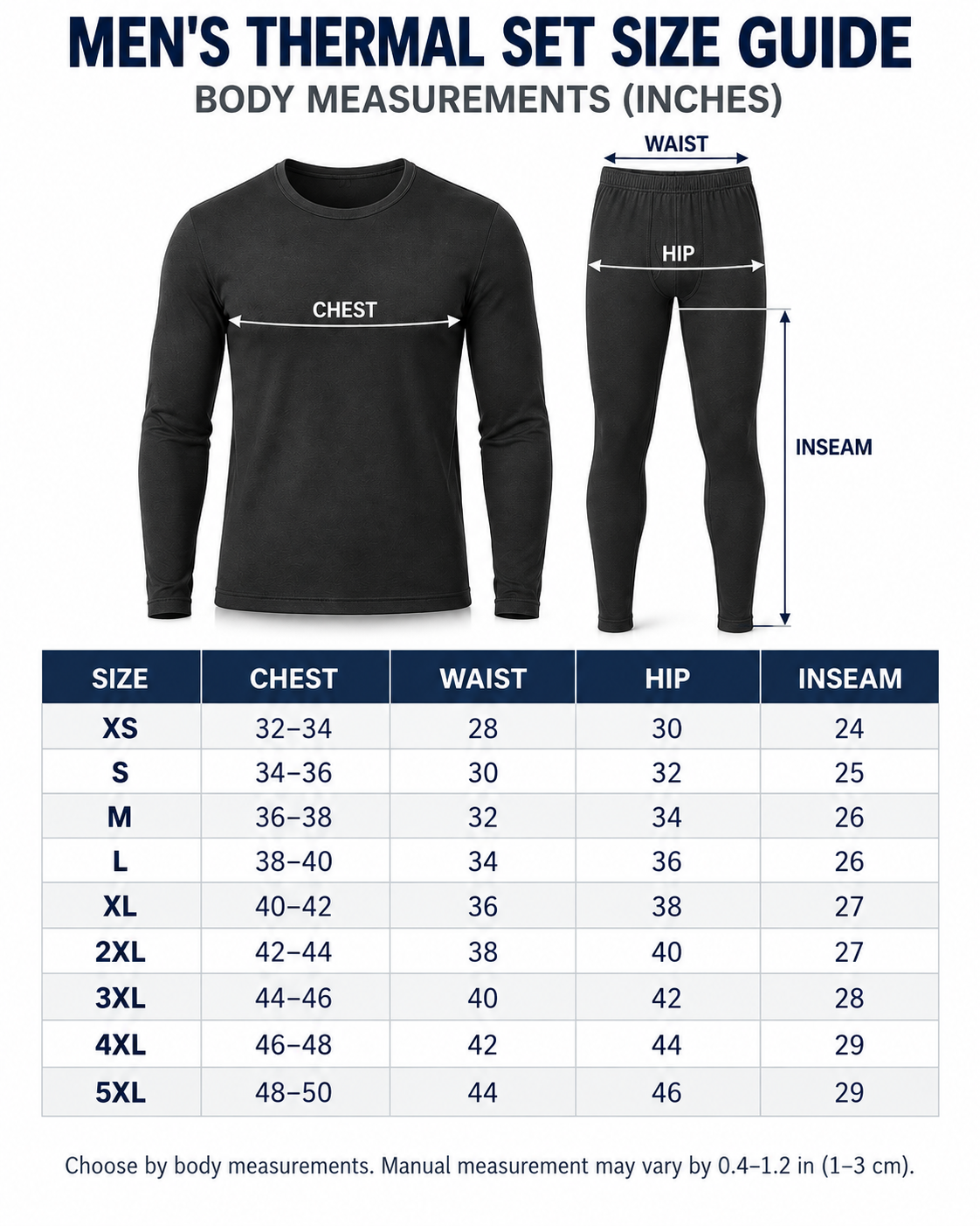 Men's thermal underwear size guide XS through 5XL
