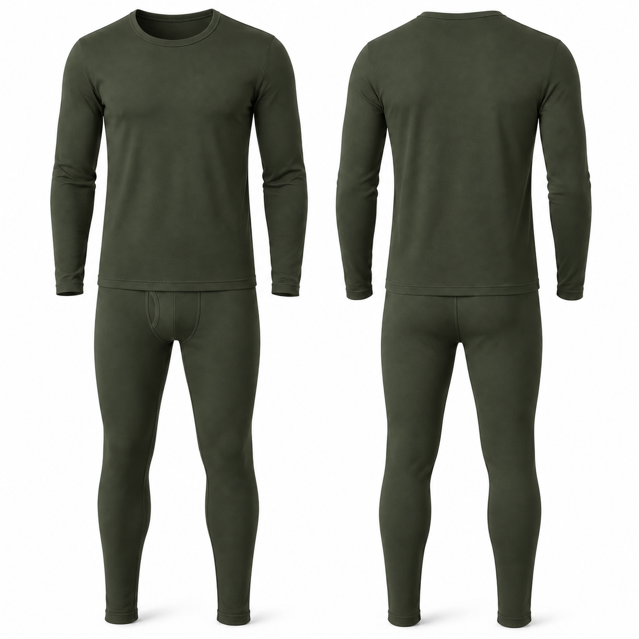Deep Olive fleece-lined thermal underwear set, complete front and back product views