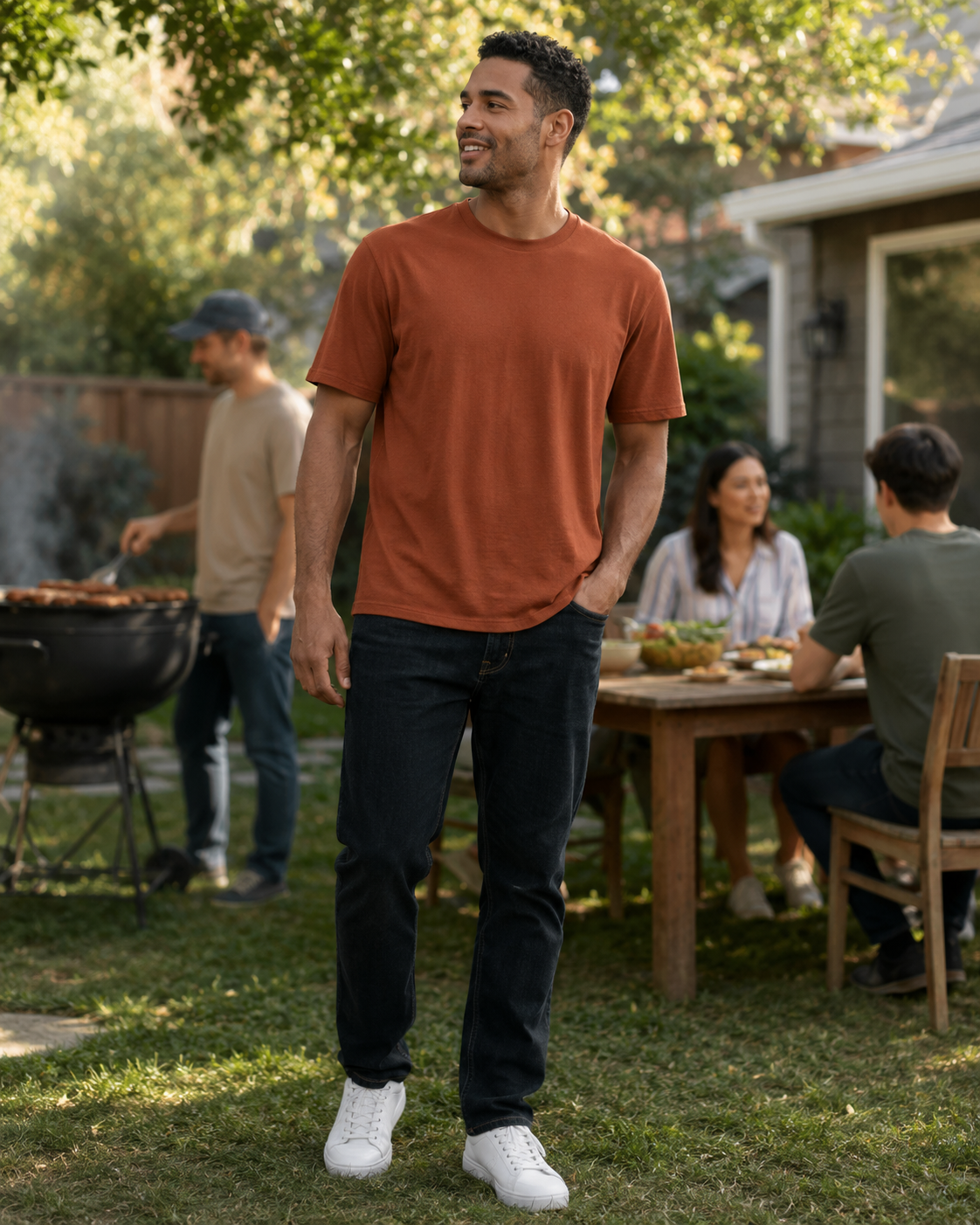 Man wearing a rust loose-fit crew-neck T-shirt at a backyard gathering
