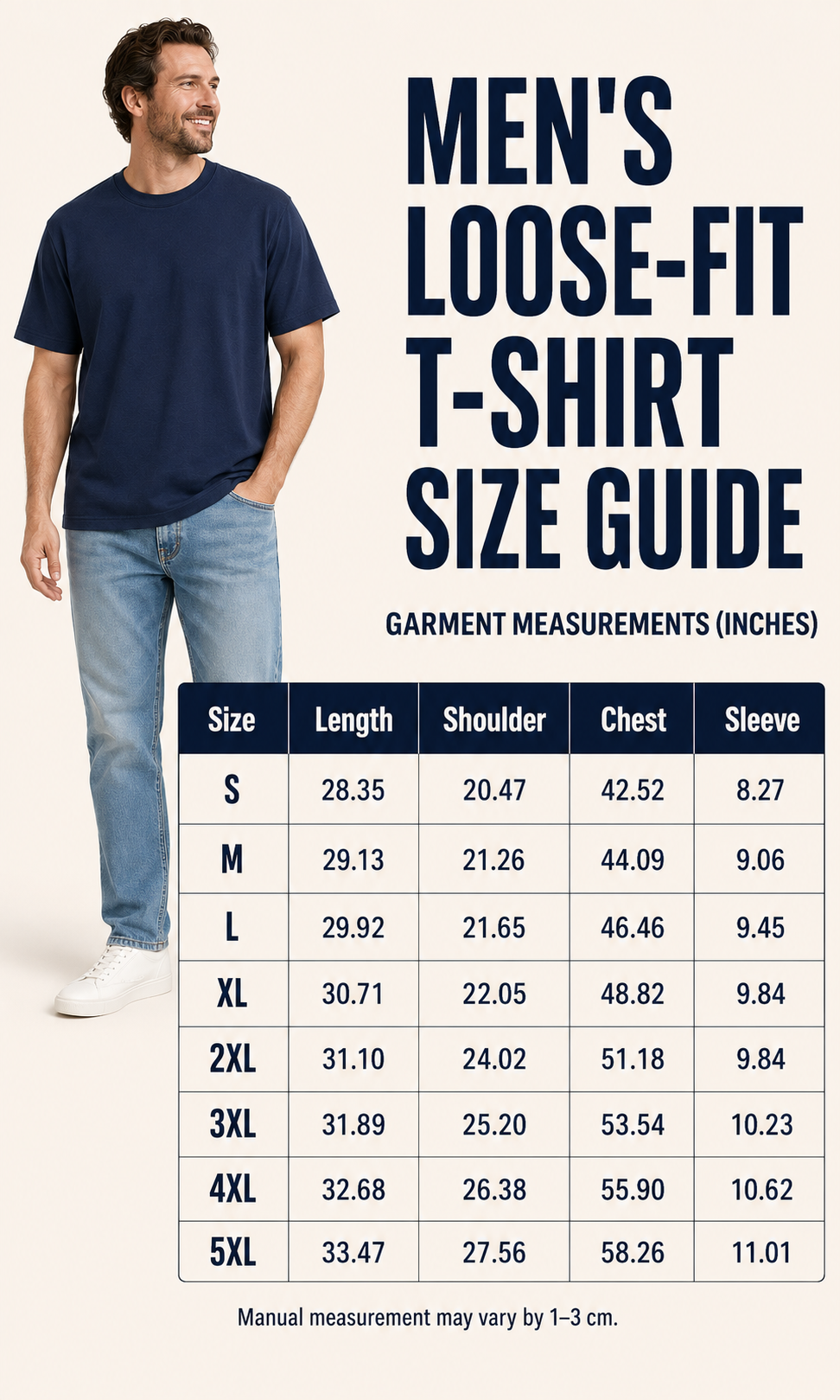 Editorial navy size chart S through 5XL