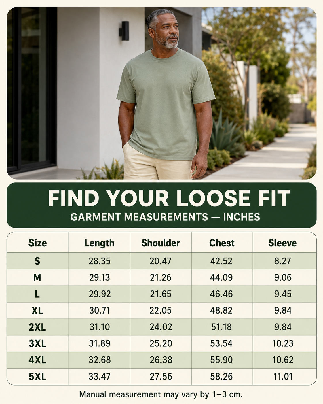 Lifestyle sage size chart S through 5XL