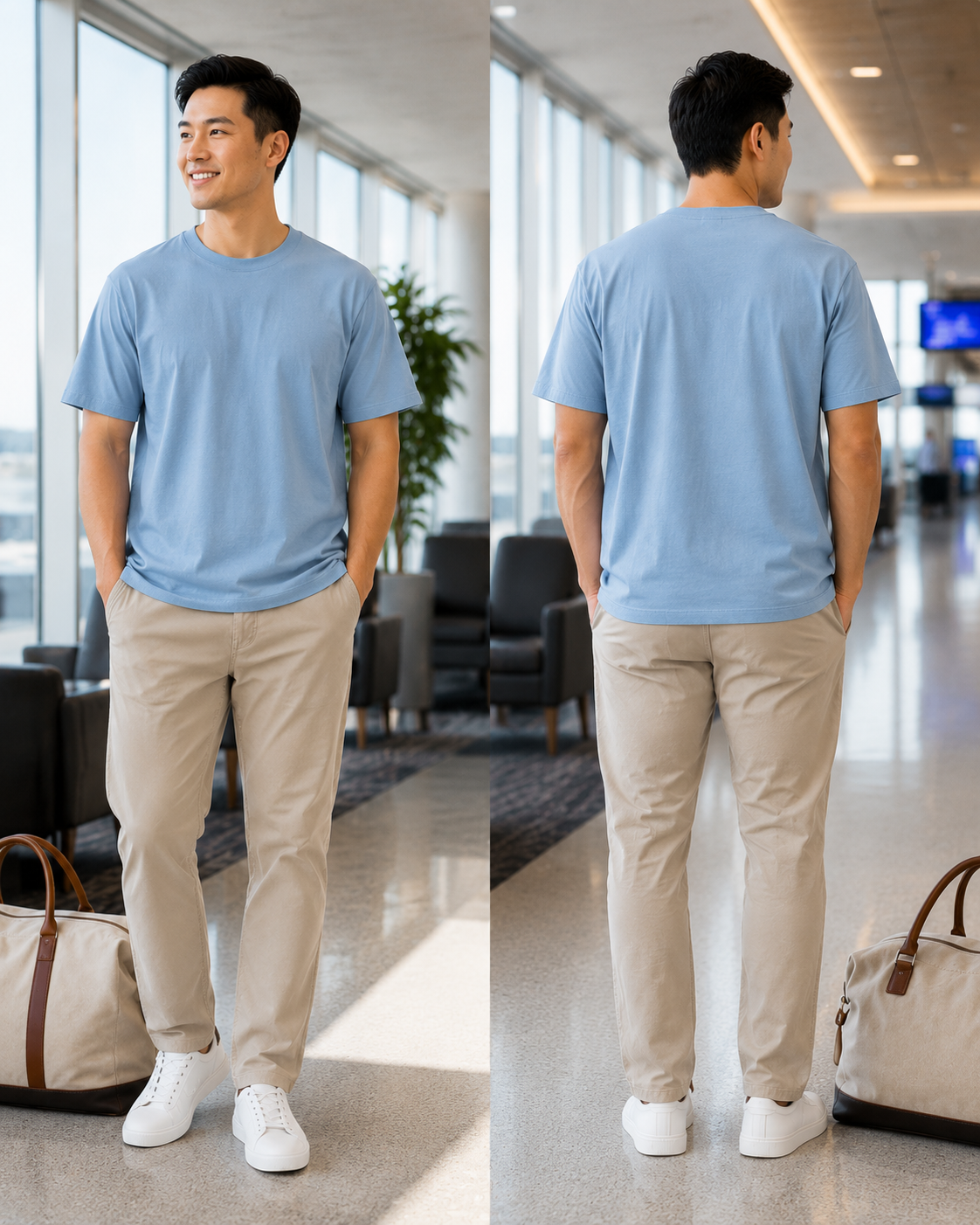 Light blue travel outfit front and back