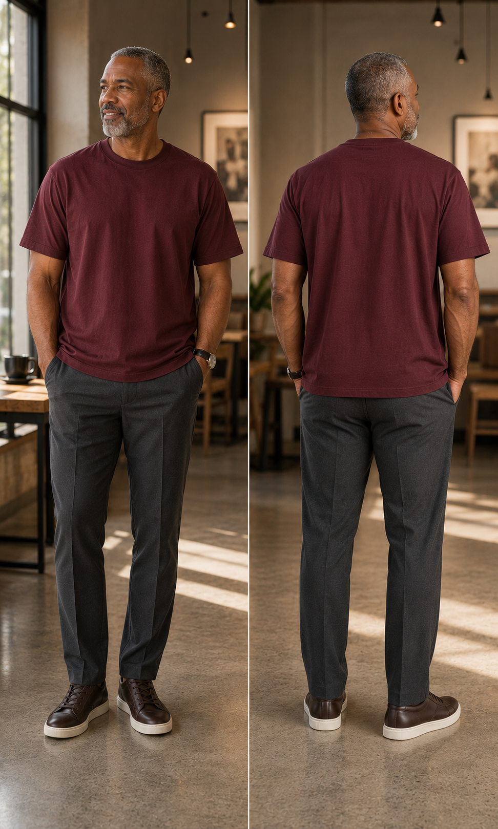 Burgundy smart-casual outfit front and back
