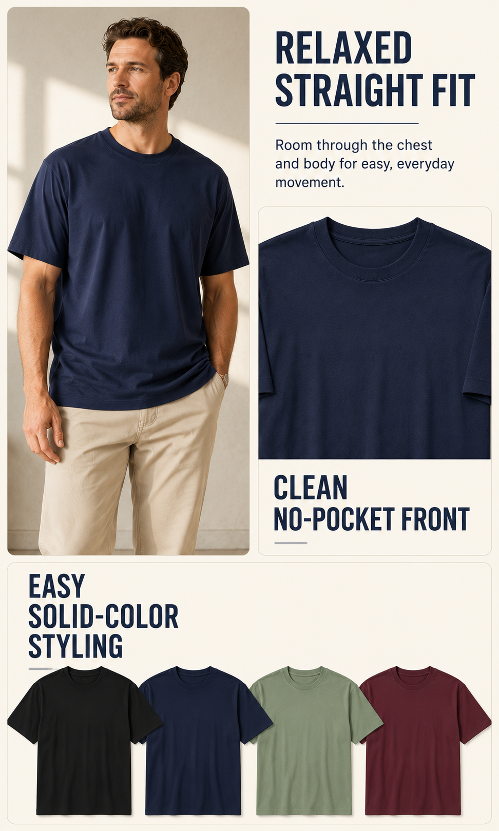 Relaxed straight fit, clean no-pocket front and solid-color styling
