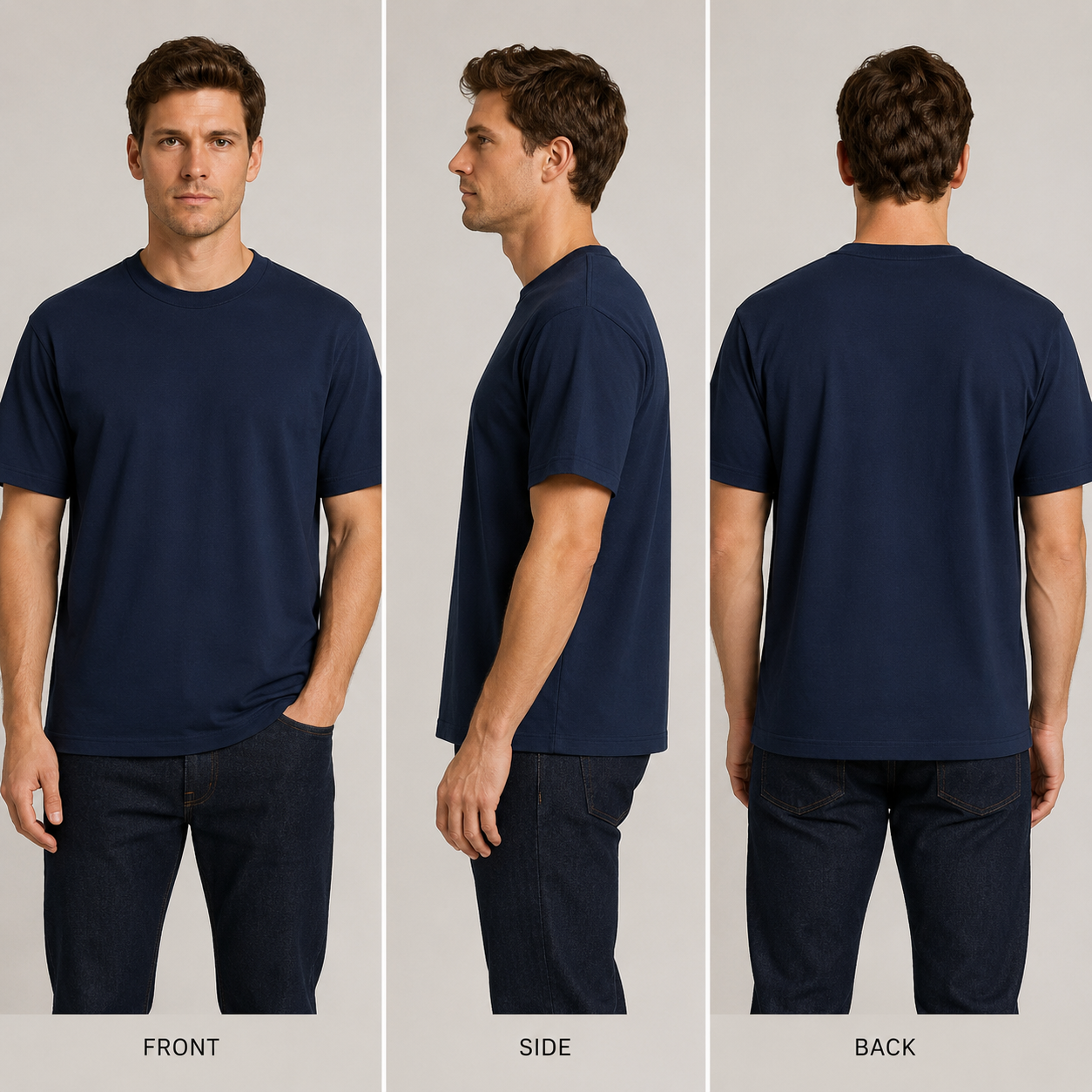 Men's navy loose-fit crew-neck T-shirt front, side, and back views