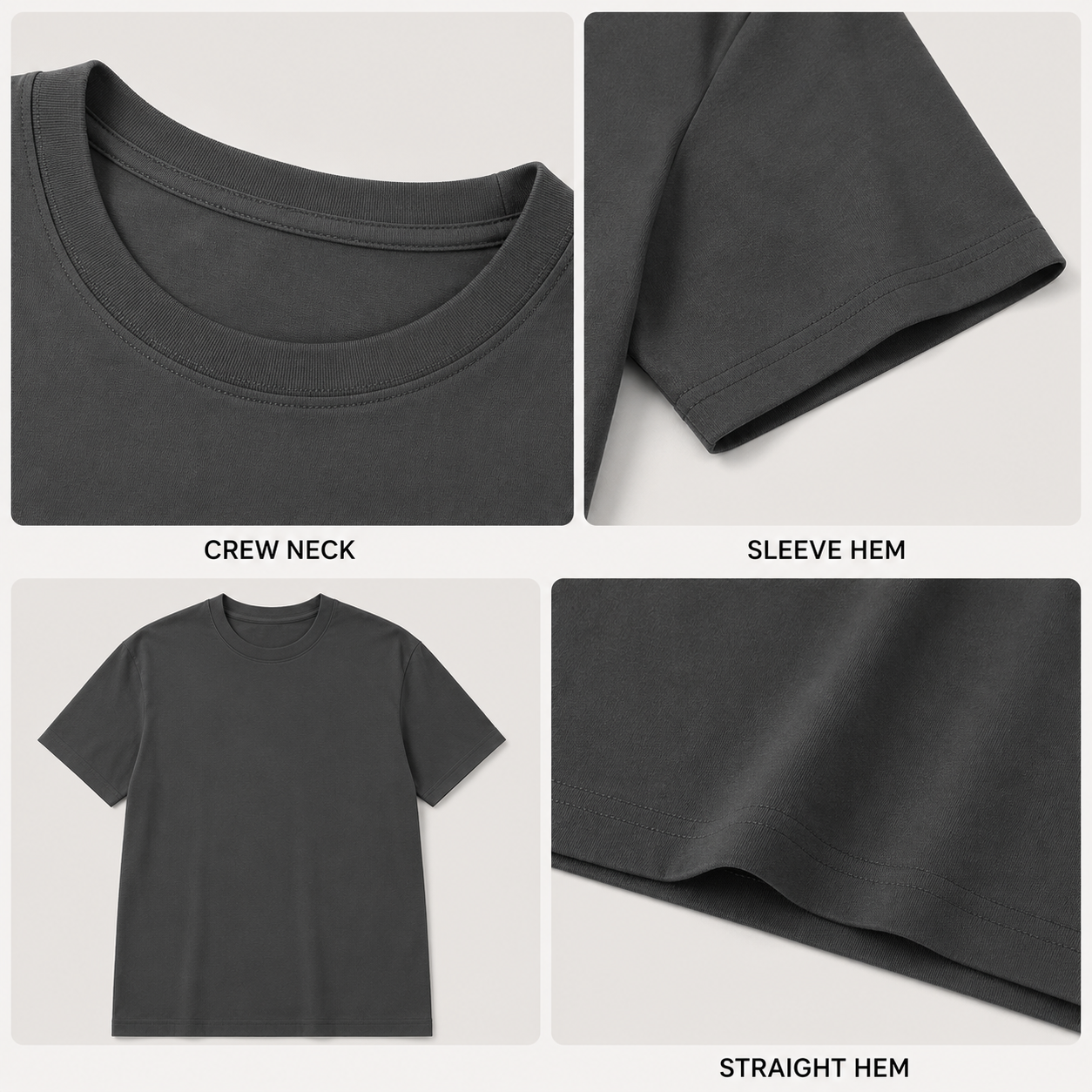Men's charcoal gray crew-neck, sleeve hem, and straight hem details