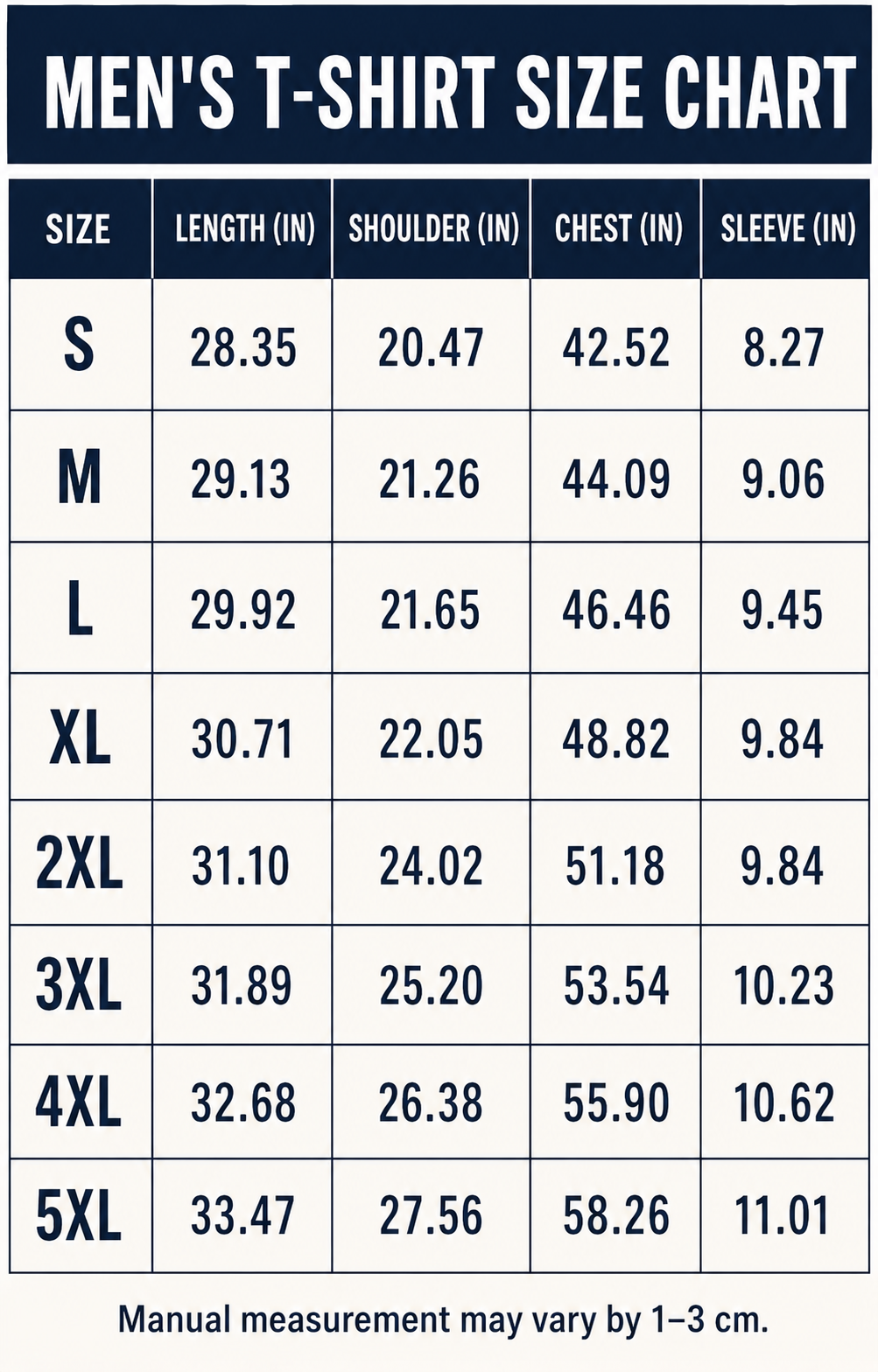 Men's loose-fit crew-neck T-shirt size chart, S through 5XL