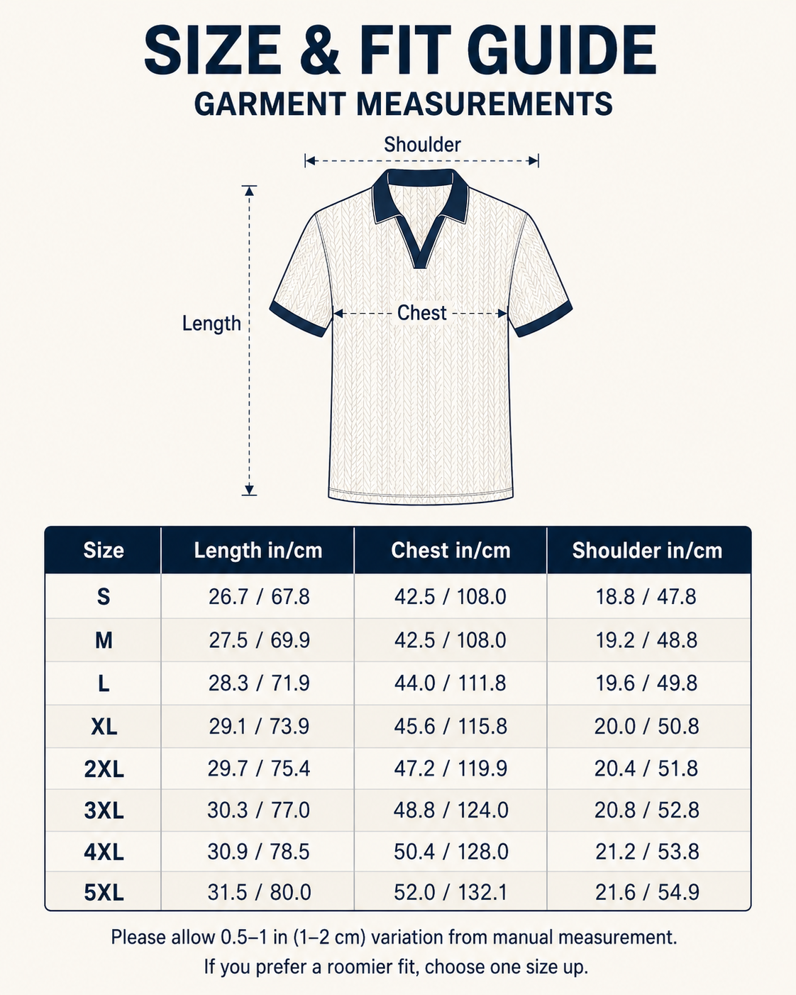 Men's textured polo size and fit guide S through 5XL