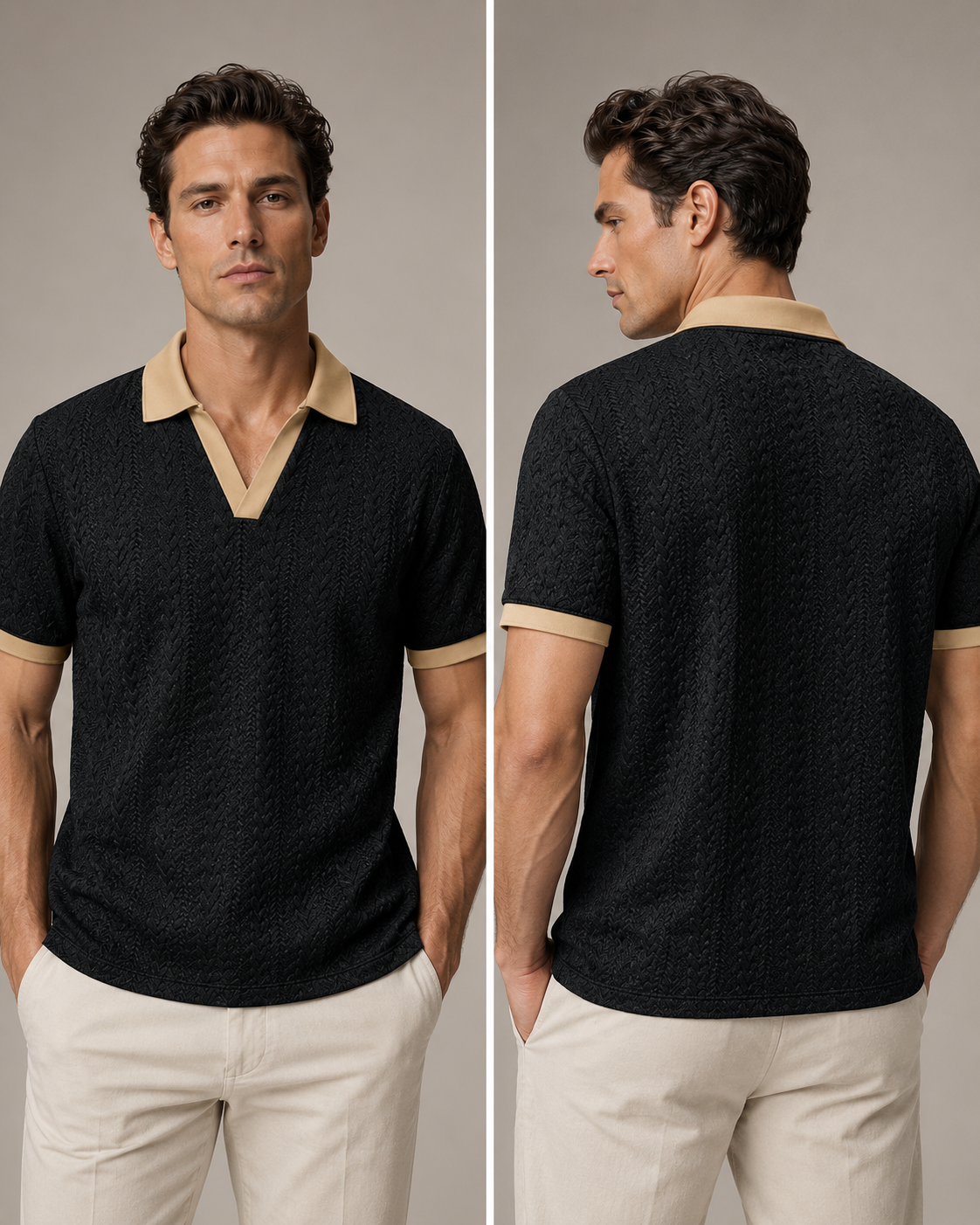 Men's black and sand textured polo front and back views