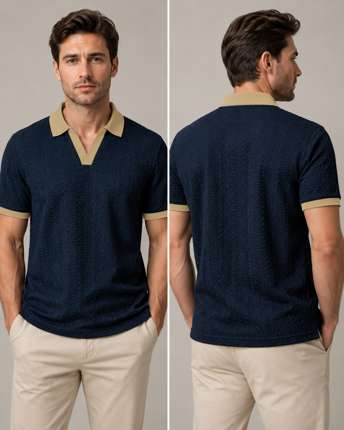 Men's deep navy and sand textured polo front and back views