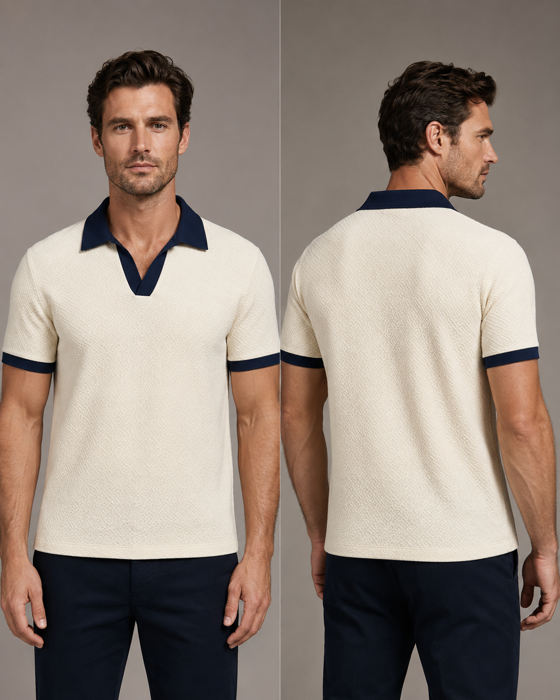 Men's ivory and navy textured polo front and back views