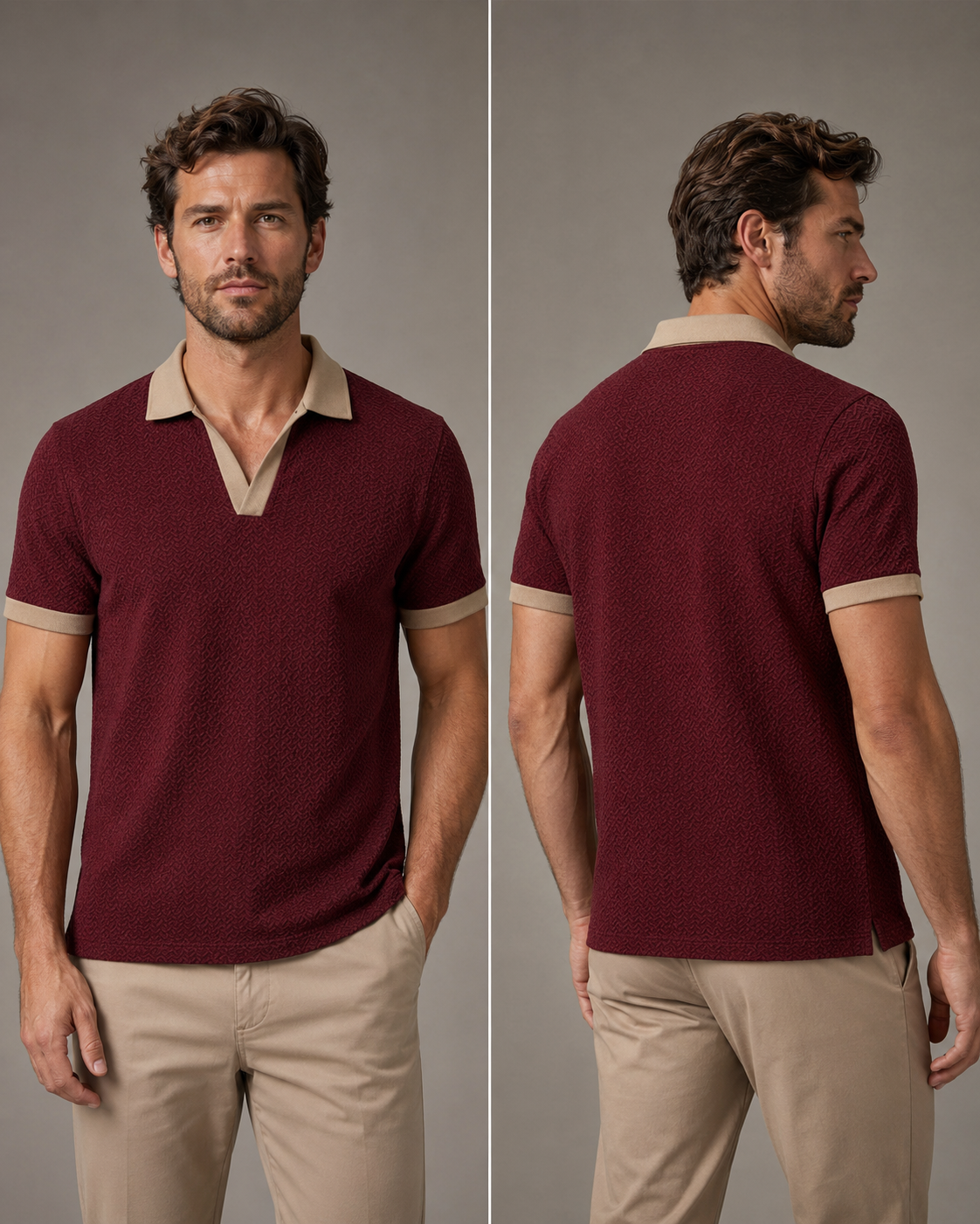 Men's burgundy and sand textured polo front and back views