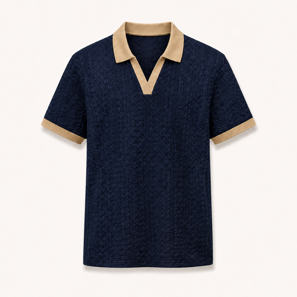 Deep navy men's textured open-collar polo with warm sand contrast trim