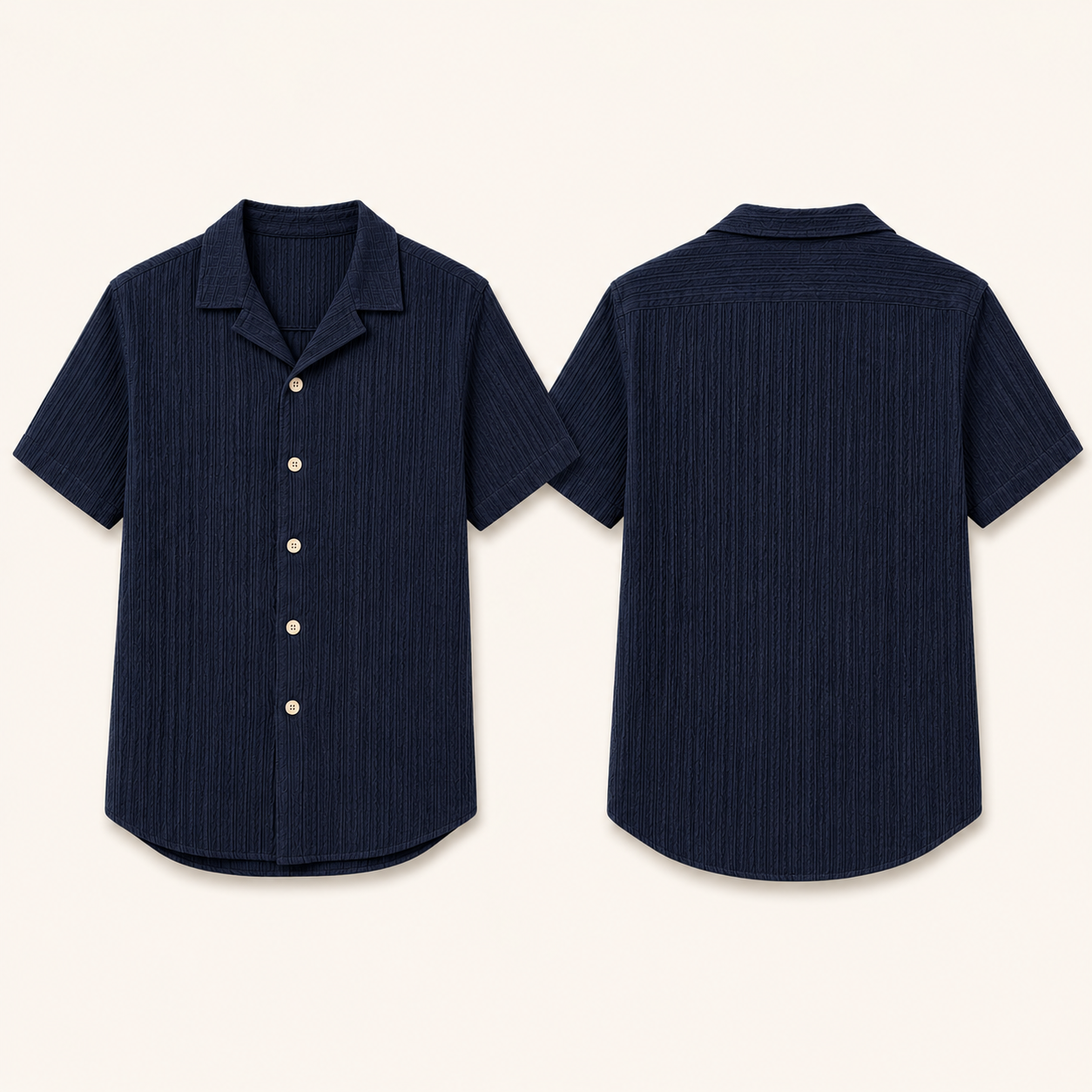 Deep navy textured short sleeve button-up shirt front and back