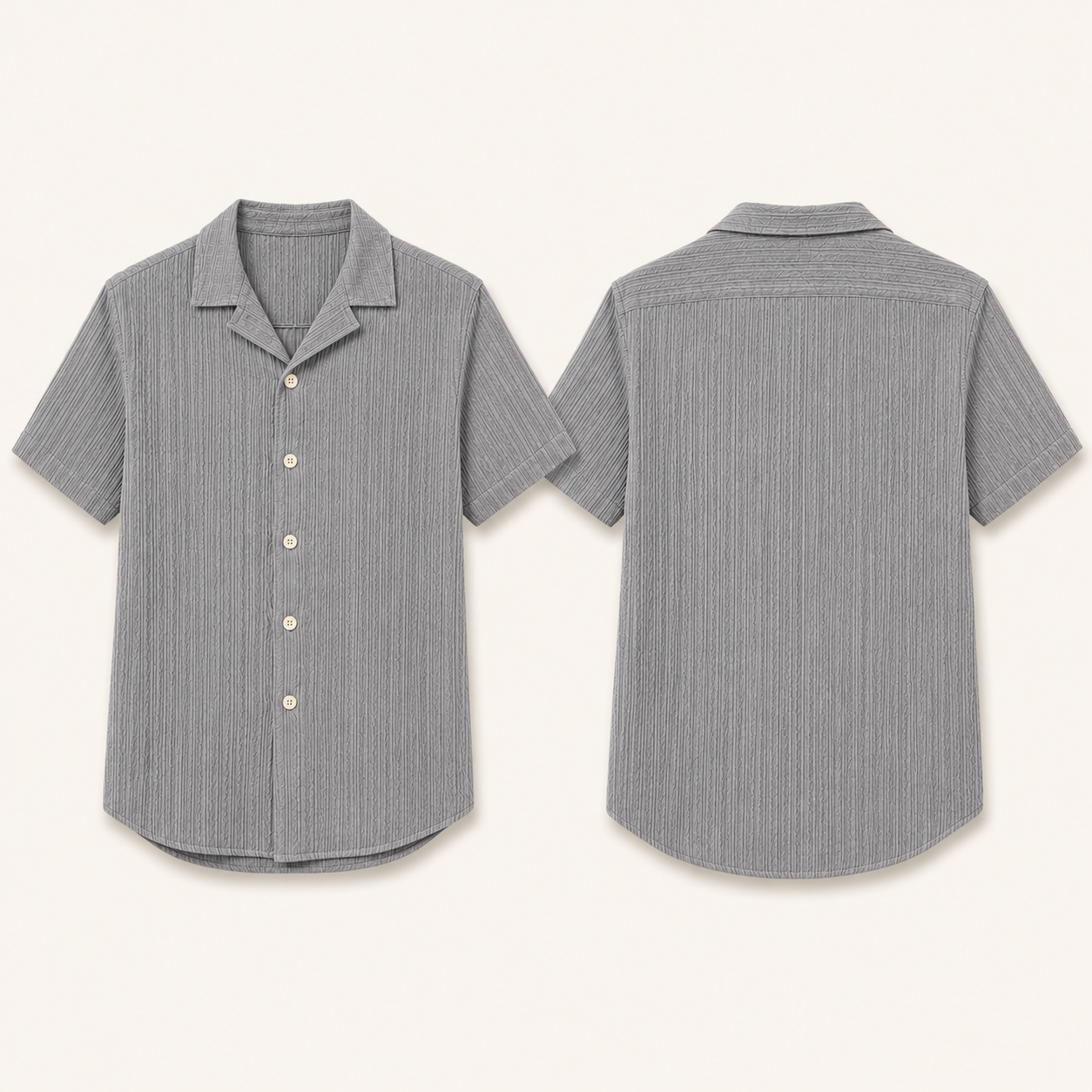 Medium gray textured short sleeve button-up shirt front and back