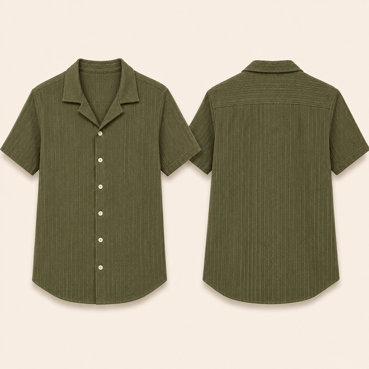 Olive textured short sleeve button-up shirt front and back