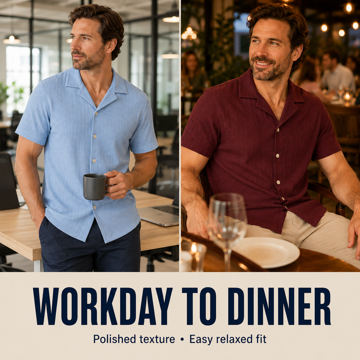 Textured short sleeve shirt styled for workdays and dinner