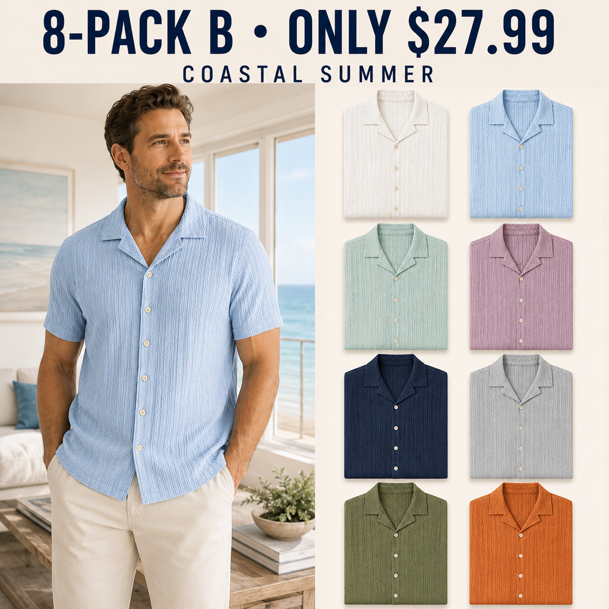 8-Pack B Coastal Summer textured short sleeve shirts, Only $27.99