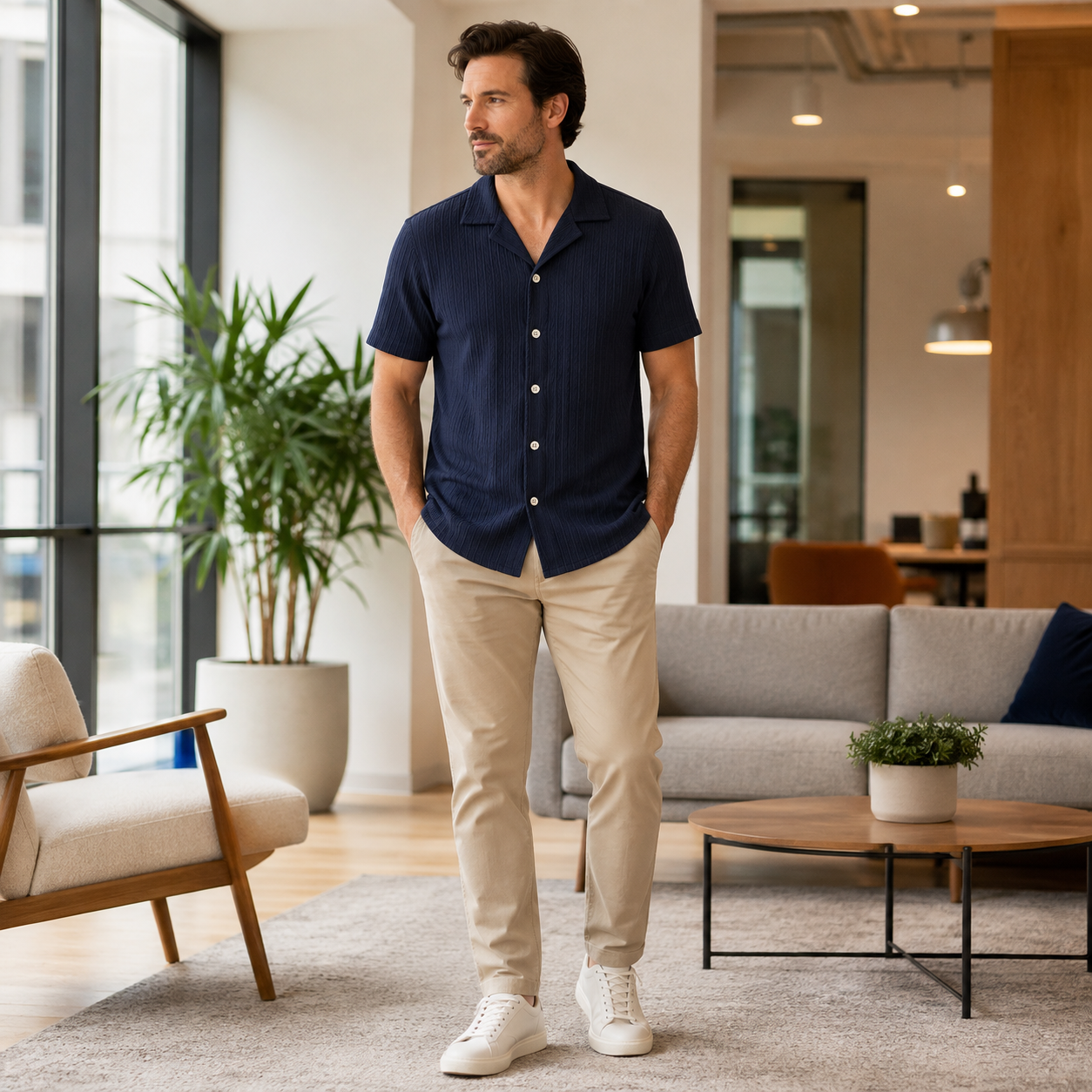 Navy textured short sleeve shirt full model try-on