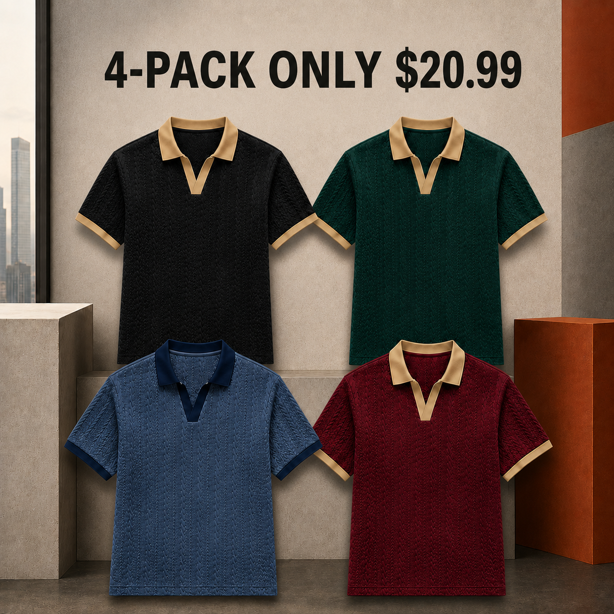 Men's textured polo 4-pack Weekend Contrast, $20.99