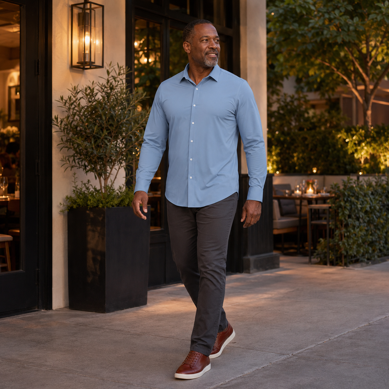 Men's dusty blue stretch dress shirt full-body dinner try-on