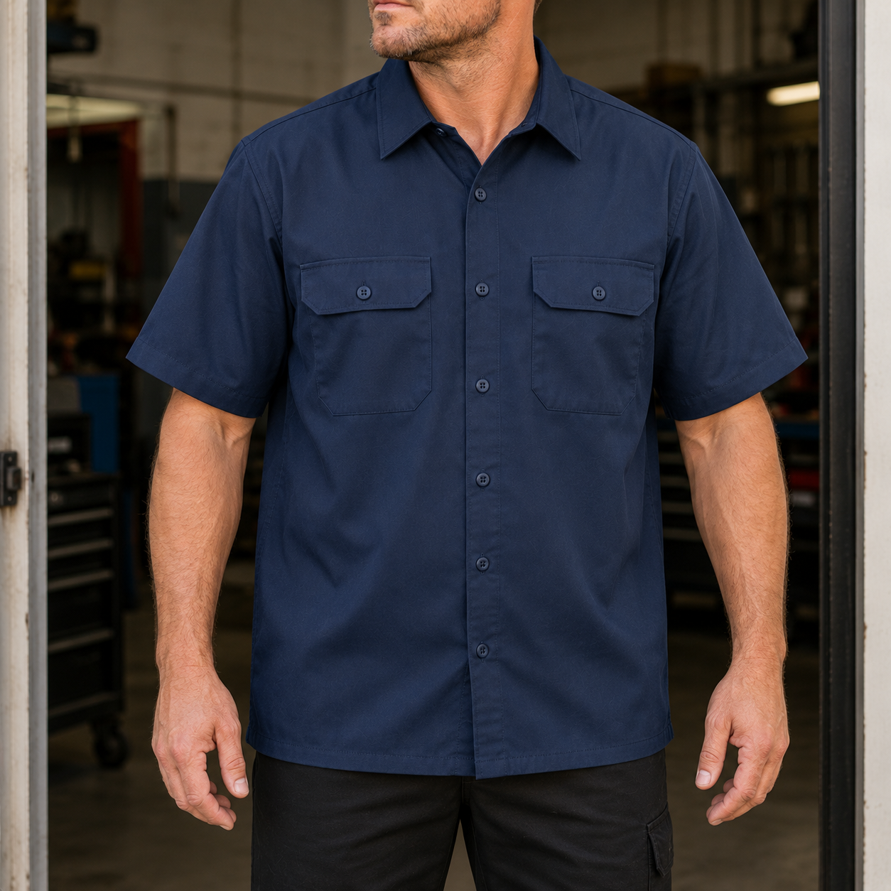 Dark Navy short-sleeve twill work shirt close on-body product view