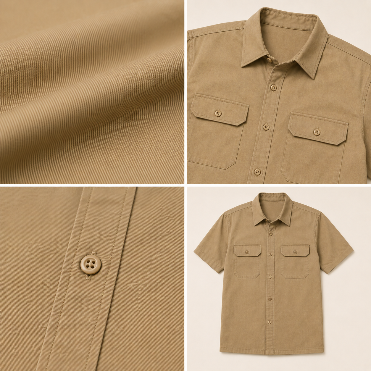 Khaki twill fabric two button-flap chest pockets placket short sleeves and straight hem details