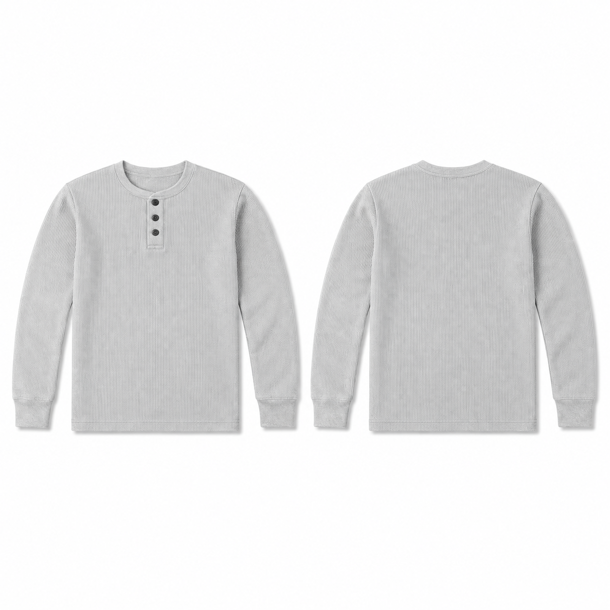 Light grey waffle-knit thermal Henley front and back