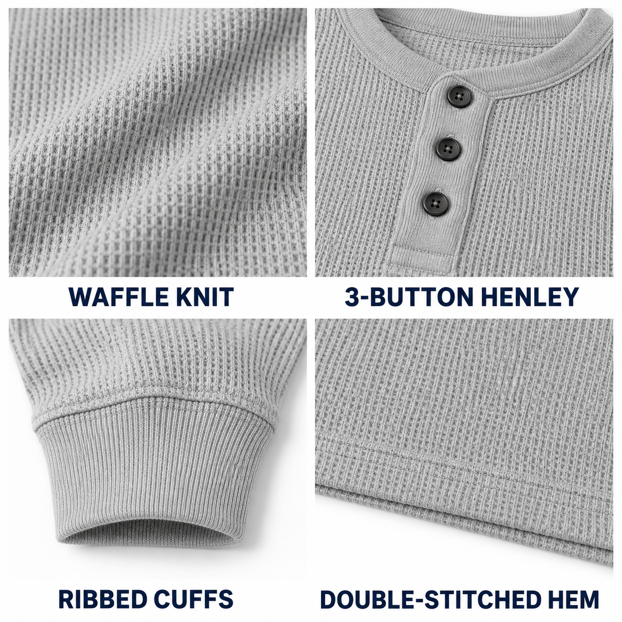 Waffle knit, three-button placket, ribbed cuffs and double-stitched hem details