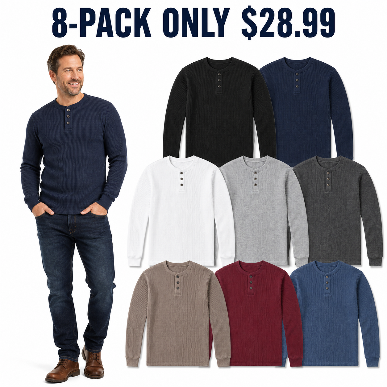 Men waffle Henley 8-Pack All Colors with model, Only $28.99