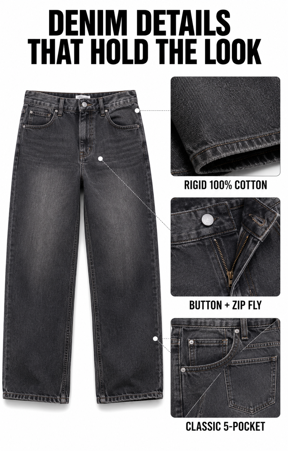 Rigid cotton denim button zipper and five-pocket construction