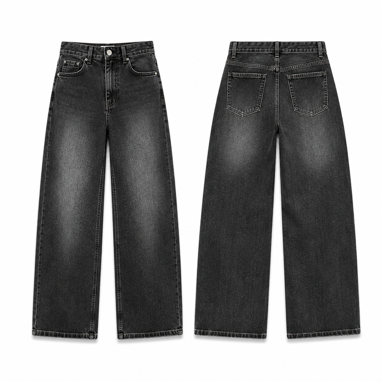 Washed black extreme baggy jeans front and back