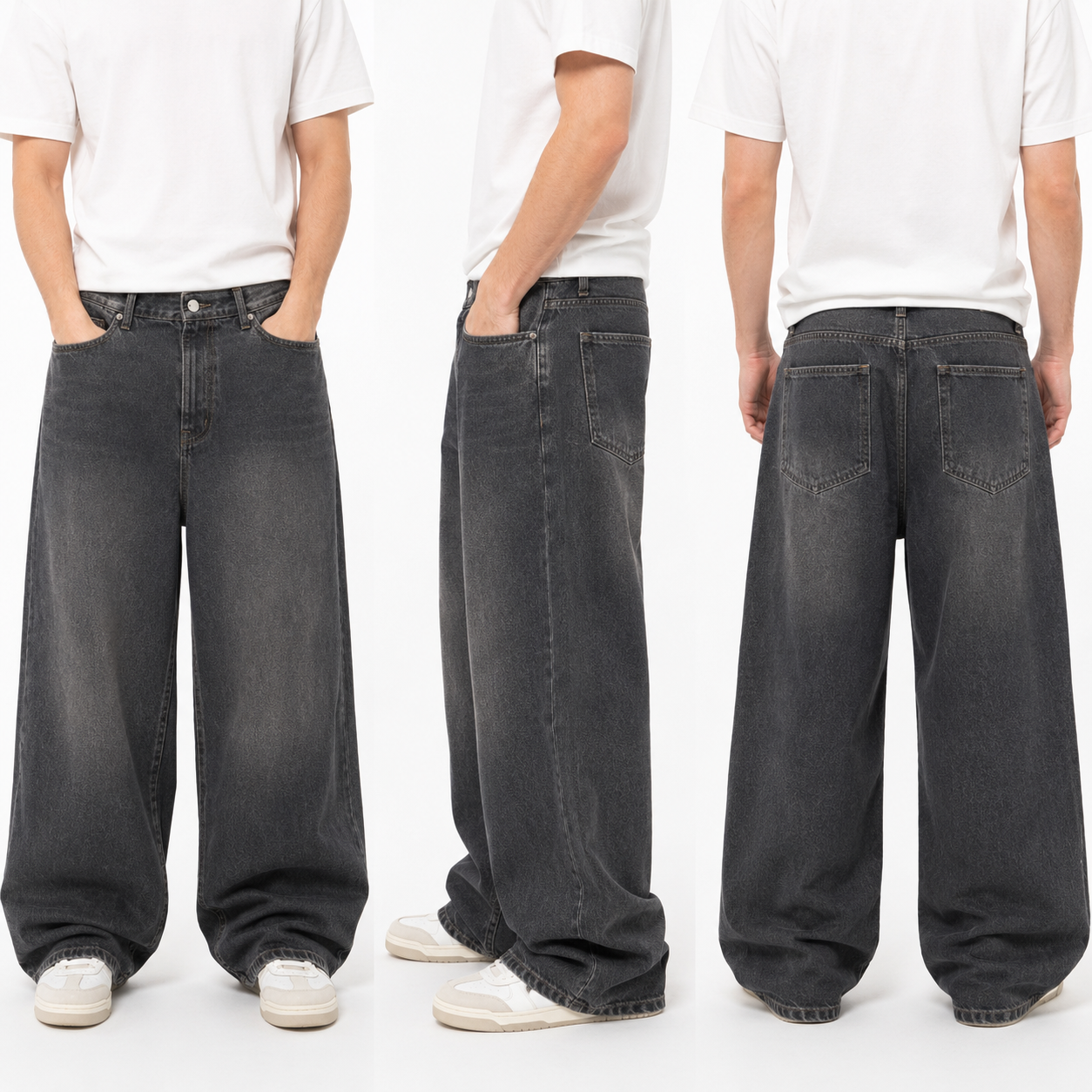 Charcoal extreme baggy jeans front side and back try-on views