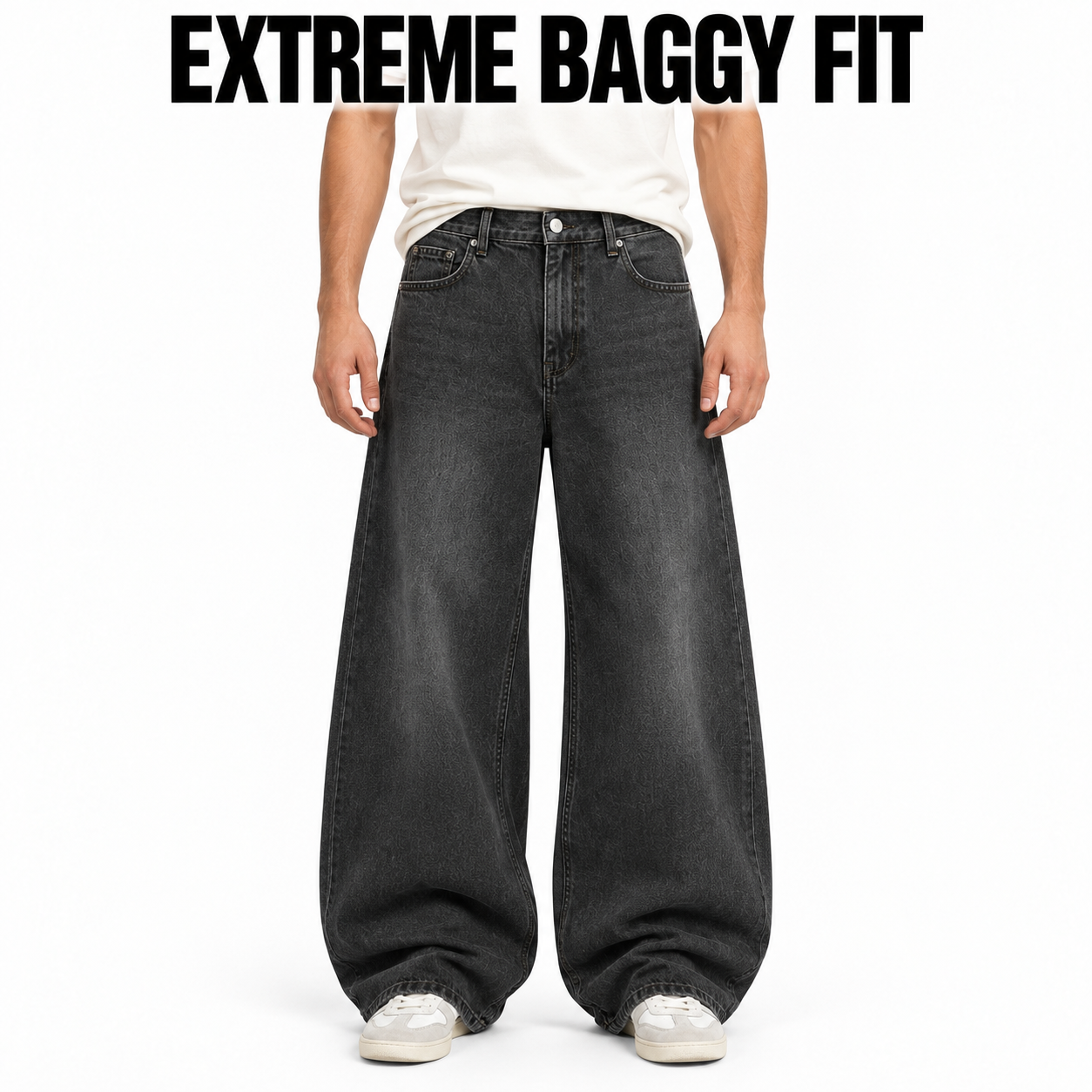 Washed Black extreme baggy jeans front fit