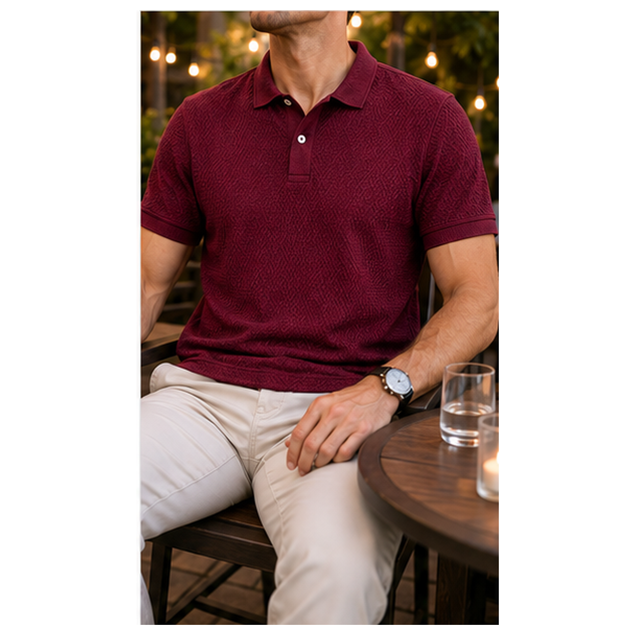 Burgundy textured knit polo worn for a casual dinner