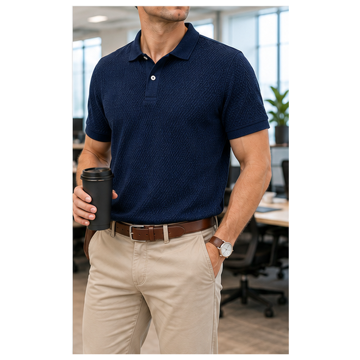 Navy textured knit polo worn in a modern casual office