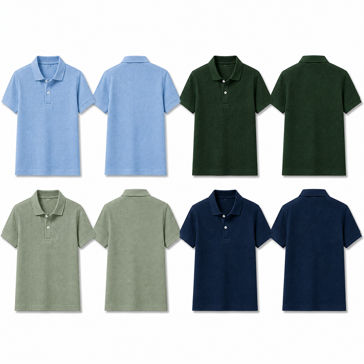Light blue forest green sage green and navy textured polos front and back