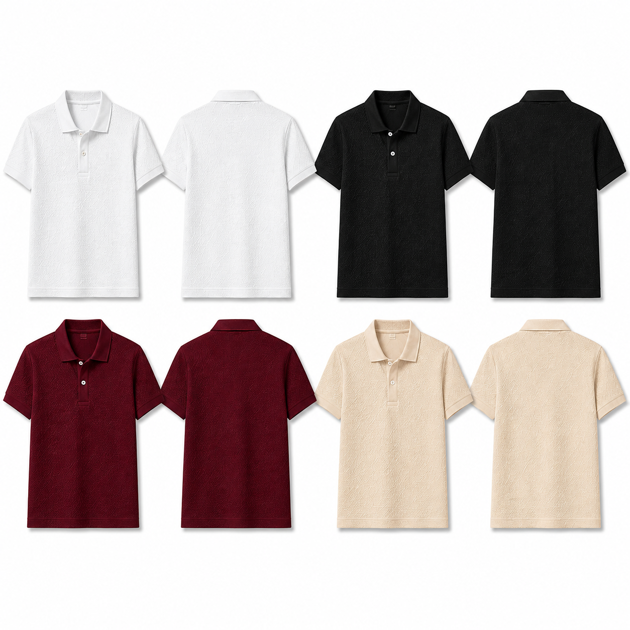 White black burgundy and cream beige textured polos front and back