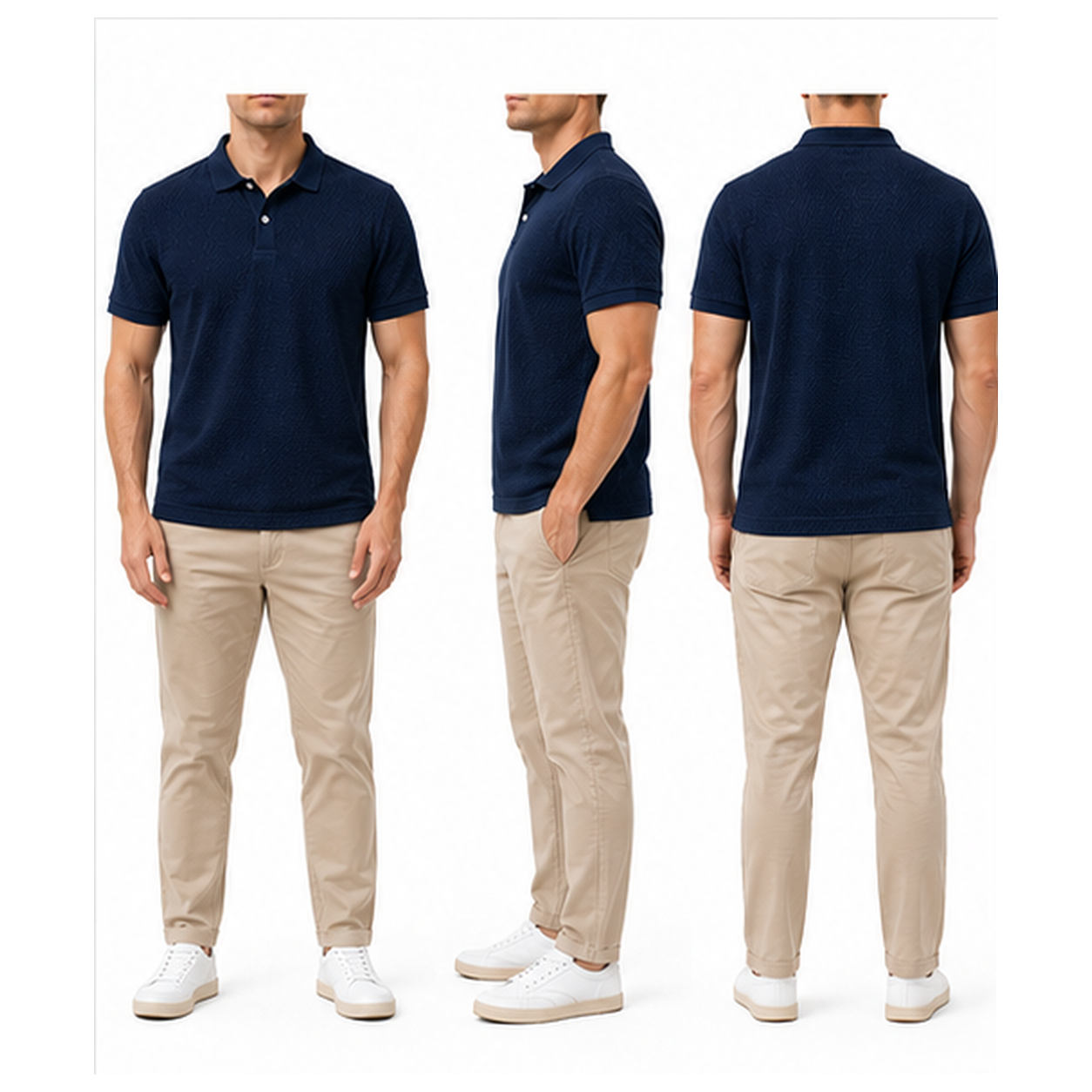 Navy textured knit polo faceless front side and back fit views
