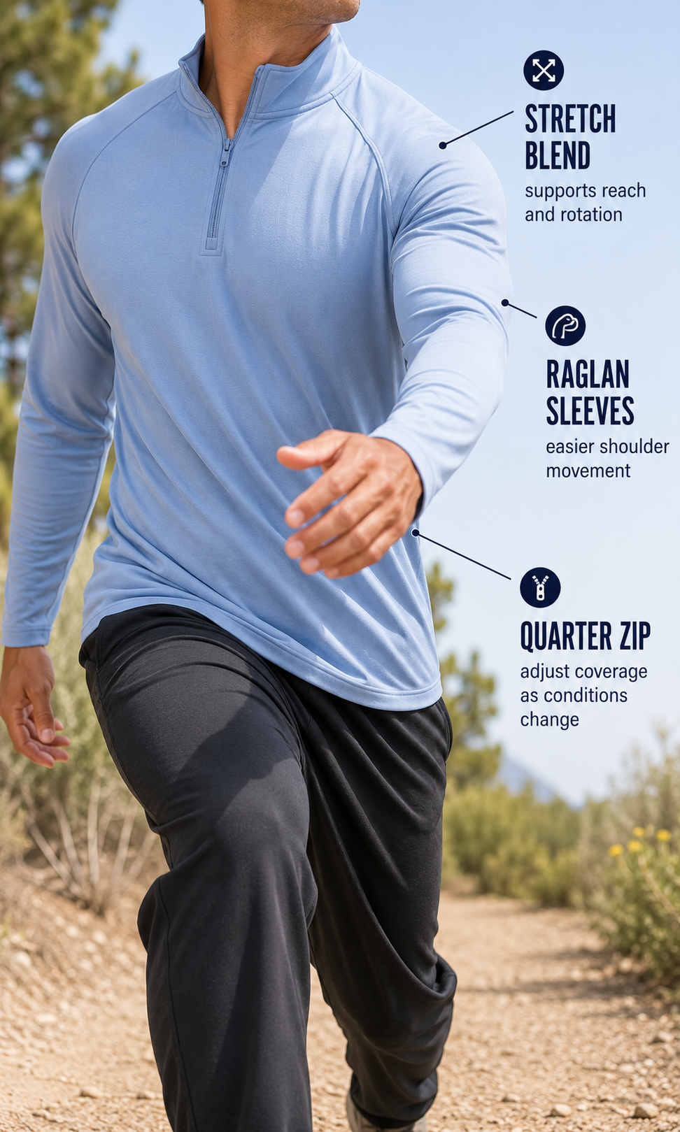 Quarter zipper coverage and flexible movement functions
