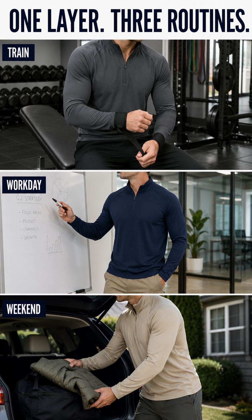 Quarter-zip pullover training travel workday and casual use scenes