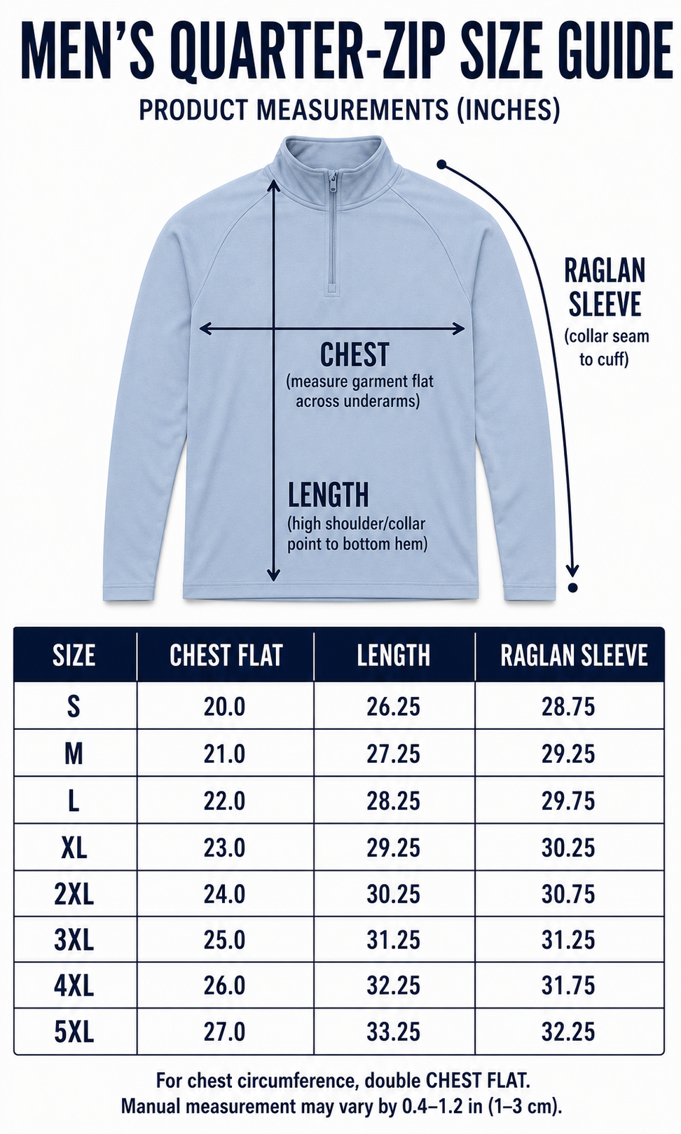 Athletic quarter-zip pullover garment size guide S through 5XL