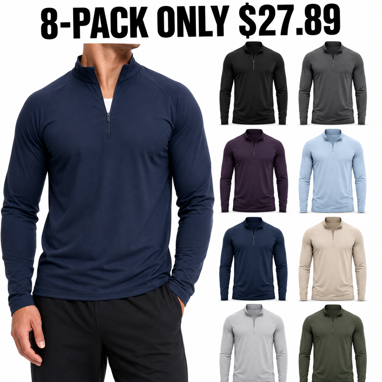 8-Pack Complete Color Rotation athletic quarter-zip pullovers, Only $27.89