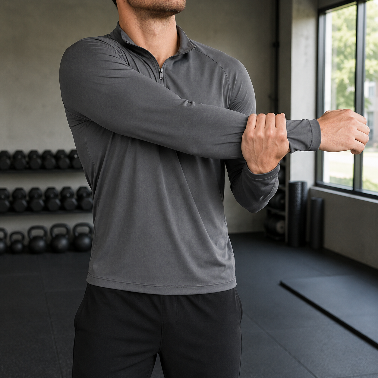 Charcoal athletic quarter-zip pullover warm-up try-on