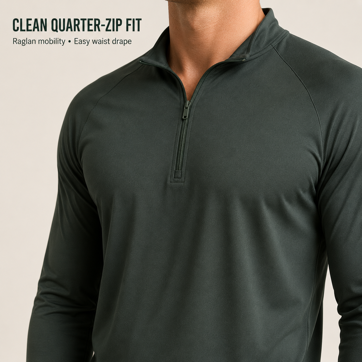 Quarter-zip neckline and raglan sleeve construction shown on body