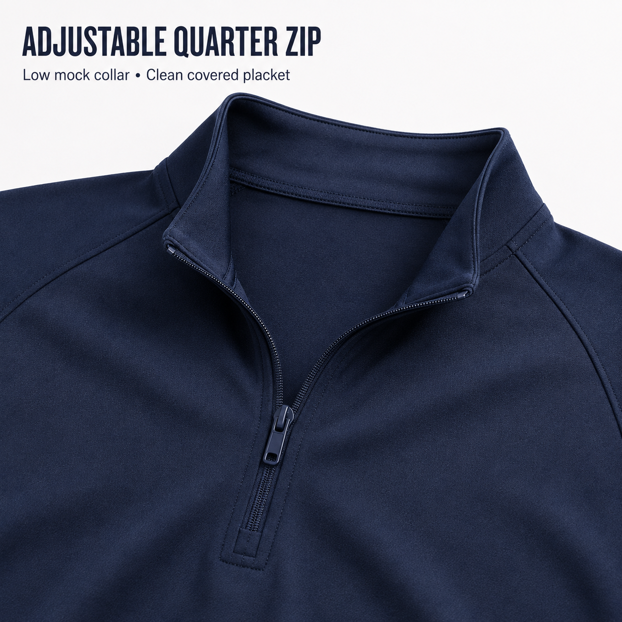 Low mock collar and centered quarter zipper close-up