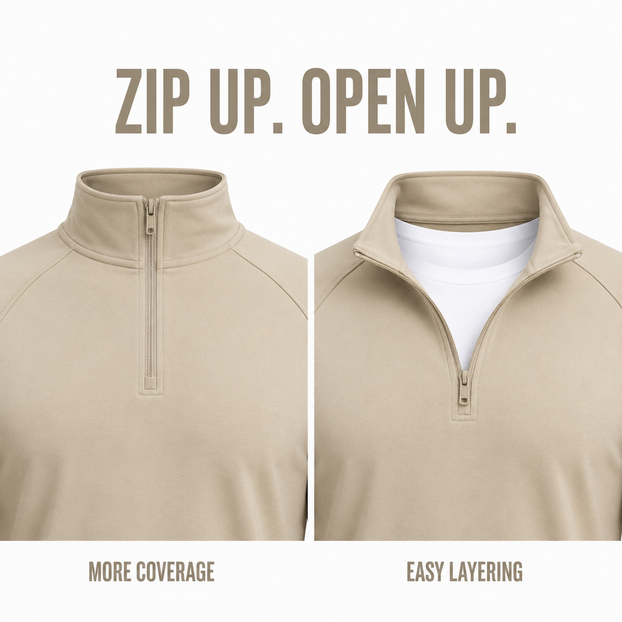 Quarter zipper shown adjusting neckline coverage