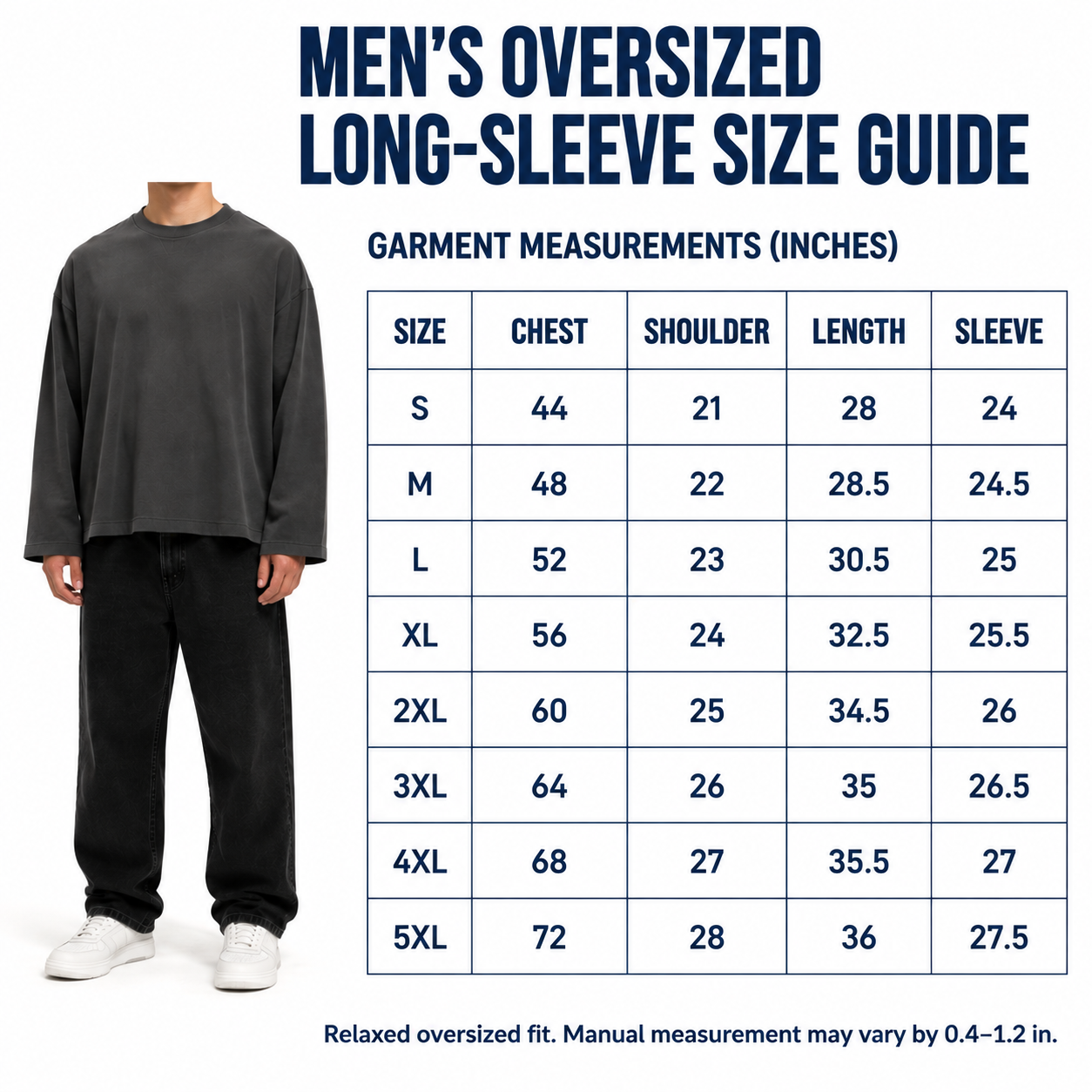 Oversized long-sleeve T-shirt garment size guide S through 5XL