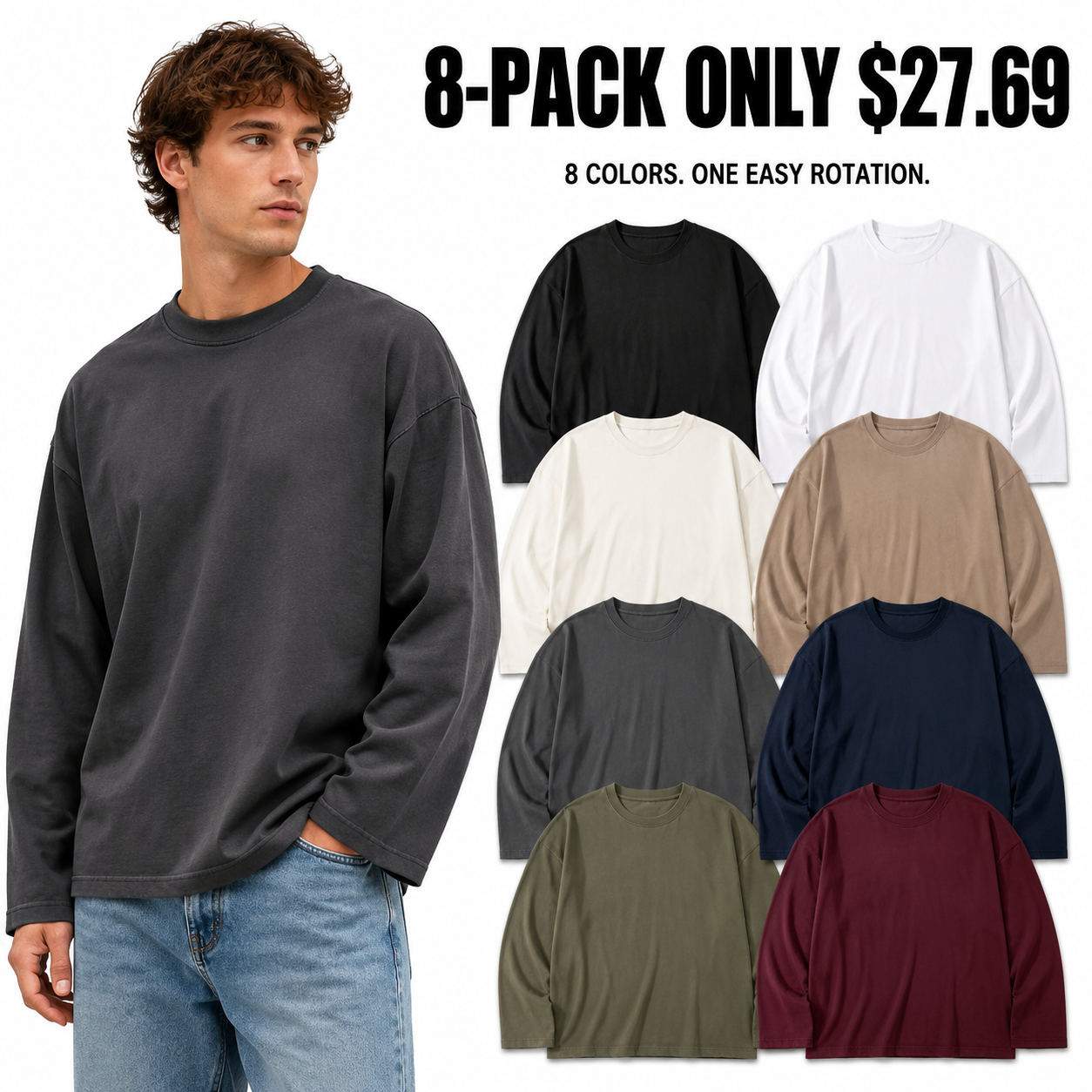 8-Pack all colors heavyweight oversized long-sleeve T-shirts, Only $27.69