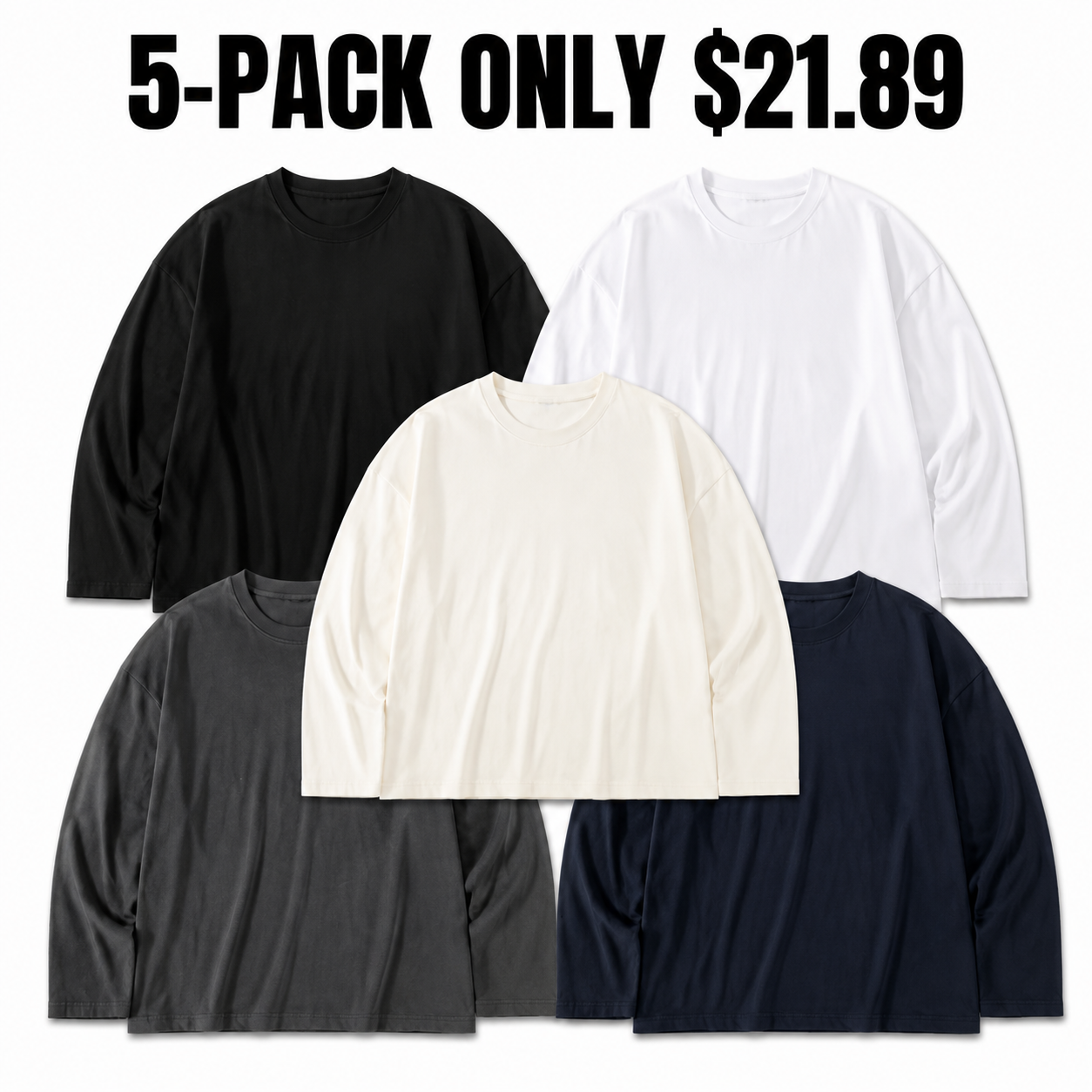 5-Pack Core Neutrals oversized long-sleeve T-shirts, Only $21.89